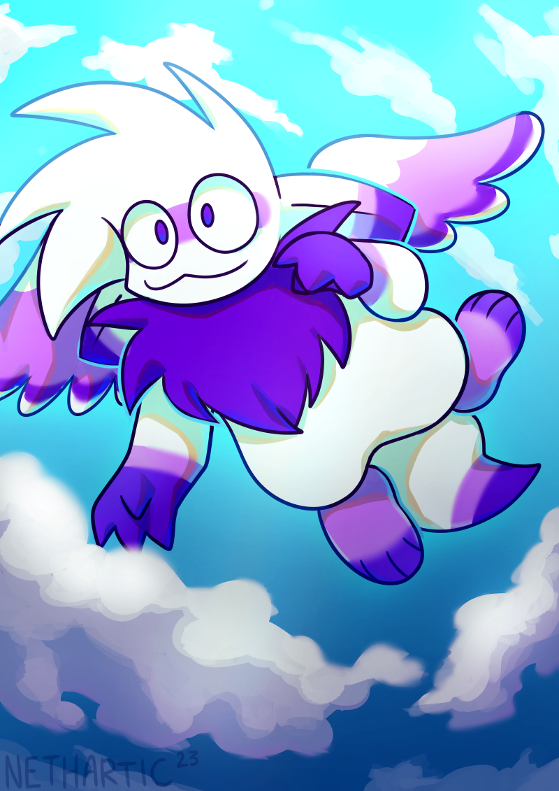 a white and purple cartoon fox flying through the clouds